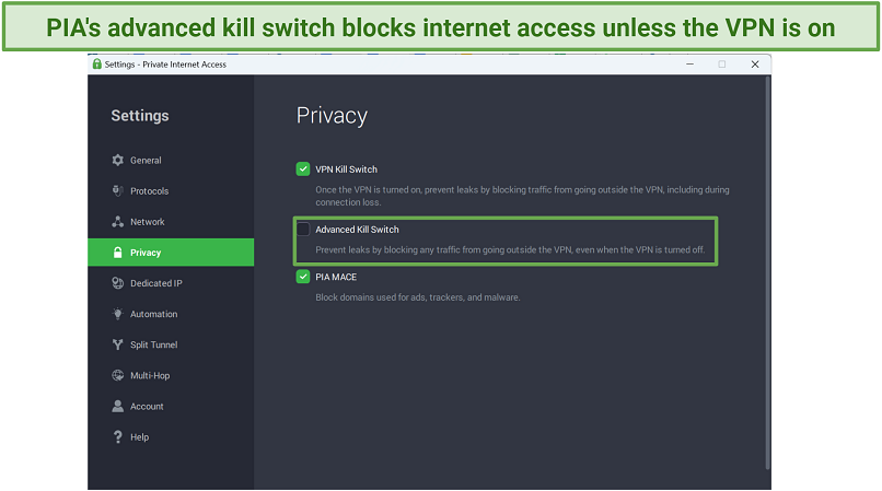 Screenshot of PIA's interface and privacy setting to switch the kill switch on