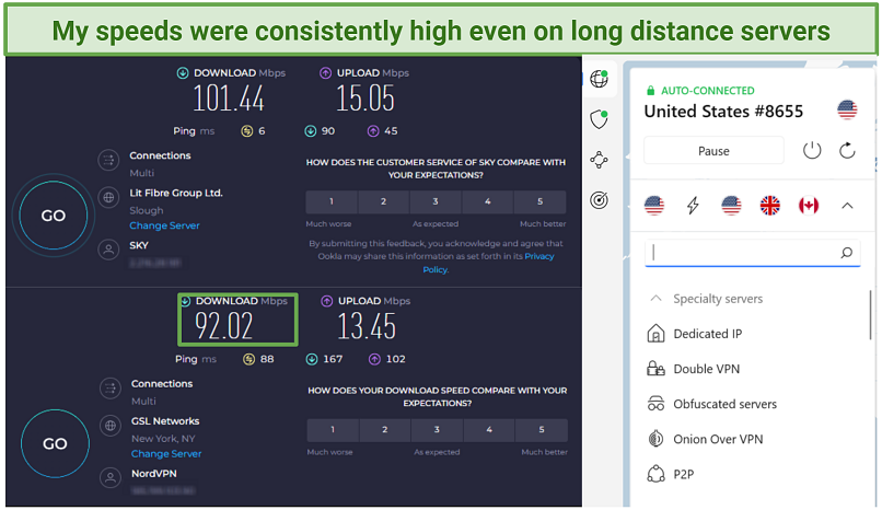 A screenshot of NordVPN's speeds test results using its US server
