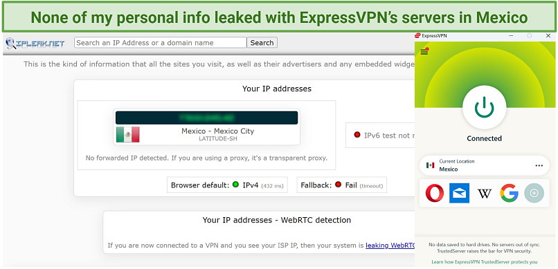 A screenshot showing ExpressVPN passed the WebRTC leak test while connected to Mexico server