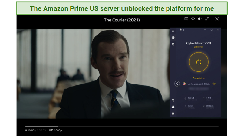 Screenshot of Amazon Prime Video player streaming The Courier while connected to CyberGhost