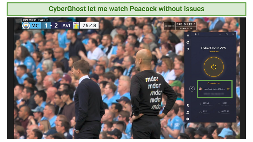 A screenshot showing you can use CyberGhost to stream Premier League matches on Peacock.