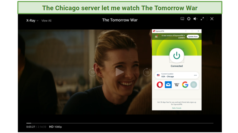 Screenshot of Amazon Prime Video player streaming The Tomorrow War while connected to ExpressVPN