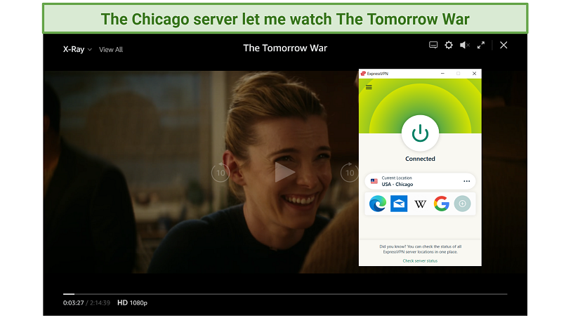 Screenshot of The Tomorrow War streaming on Prime Video with ExpressVPN connected
