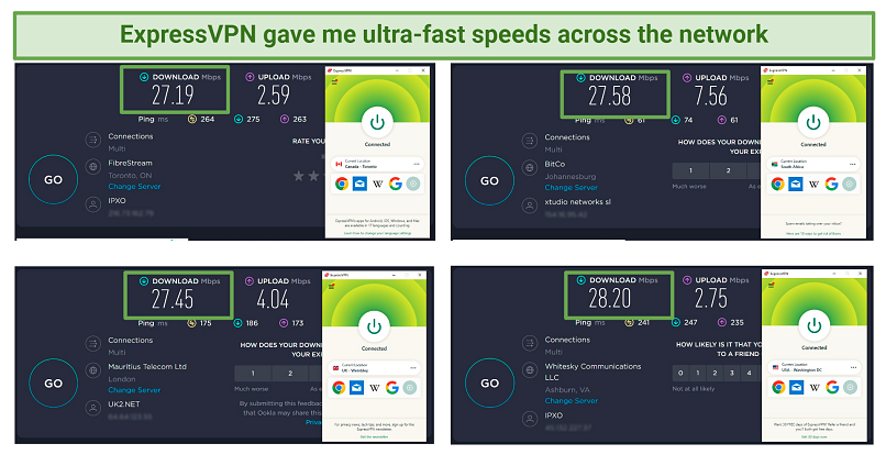 A screenshot showing ExpressVPN's has great speeds while connected to various servers worldwide.