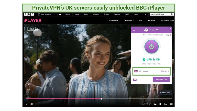 A screenshot showing that PrivateVPN's London server unblocked BBC iPlayer