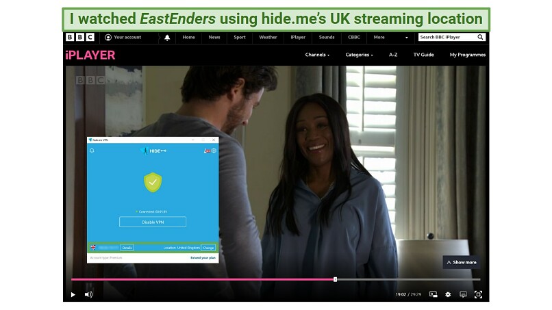 A screenshot showing that hideme VPN unblocked BBC iPlayer with its UK server