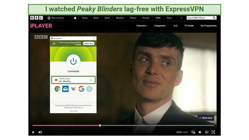 A screenshot showing that ExpressVPN's Wembley server unblocked BBC iPlayer