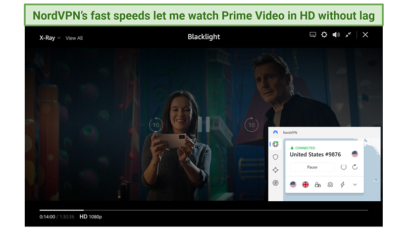 Screenshot showing Blacklight streaming on Prime Video with NordVPN connected