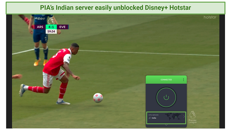 A screenshot showing you can use Private Internet Access to watch EPL matches on Disney+ Hotstar