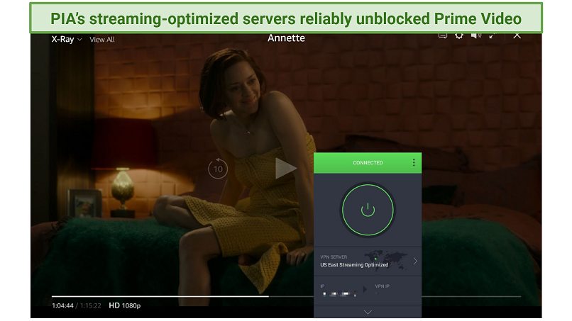 Screenshot of Annette streaming on Prime Video with PIA connected