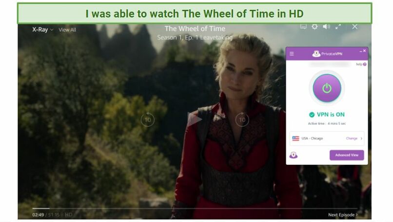 Screenshot of Amazon Prime Video player streaming The Wheel of Time while connected to PrivateVPN