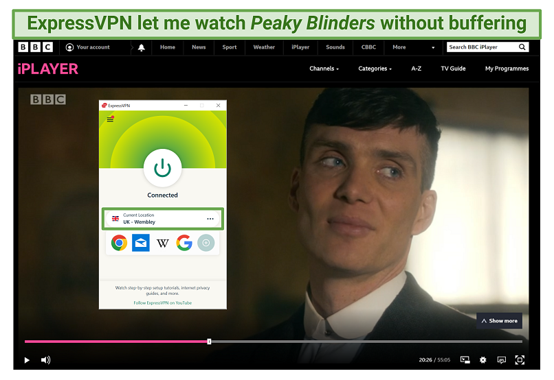 A screenshot showing that ExpressVPN's Wembley server unblocked BBC iPlayer