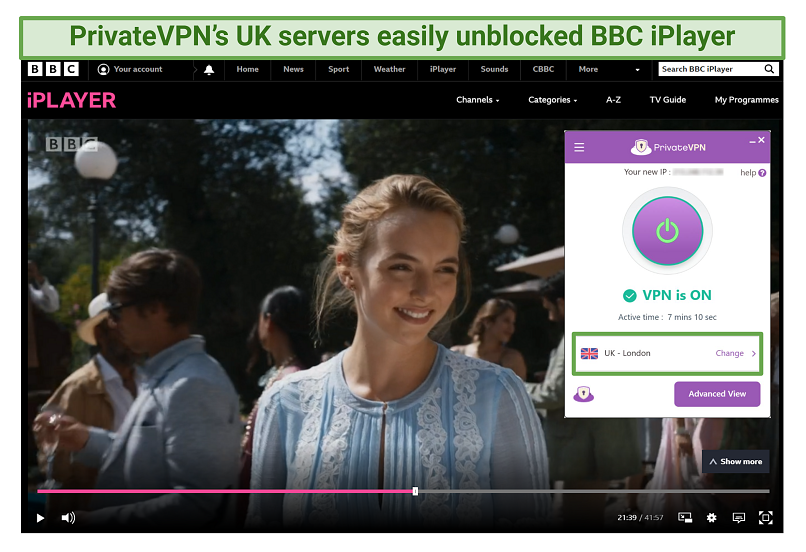 A screenshot showing that PrivateVPN's London server unblocked BBC iPlayer