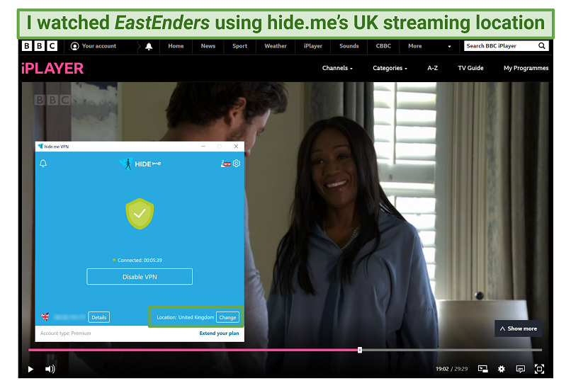A screenshot showing that hideme VPN unblocked BBC iPlayer with its UK server