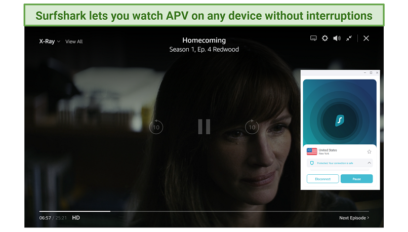 screenshot showing Homecoming streaming on Prime Video US with Surfshark connected