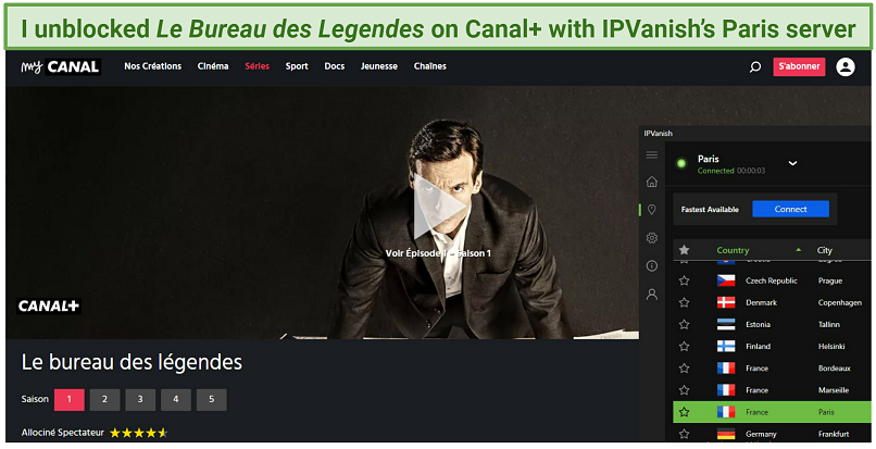 Screenshot showing Le Bureau des Legendes on Canal+ with IPVanish connected to Paris server