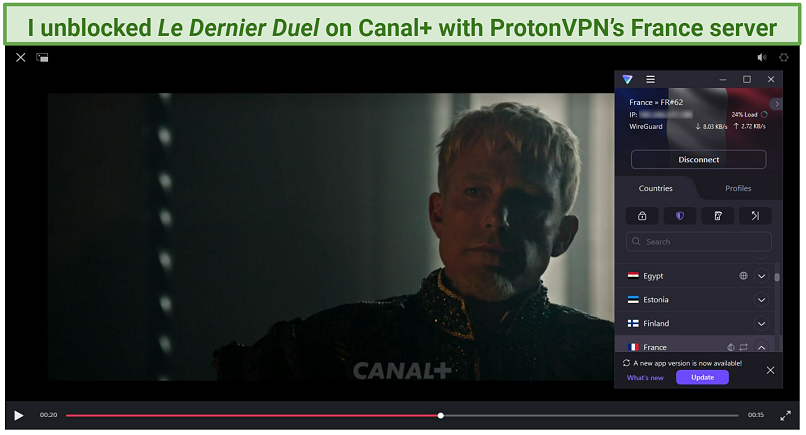 Screenshot showing Le Dernier Duel playing on Canal+ while connected to Proton VPN's France server