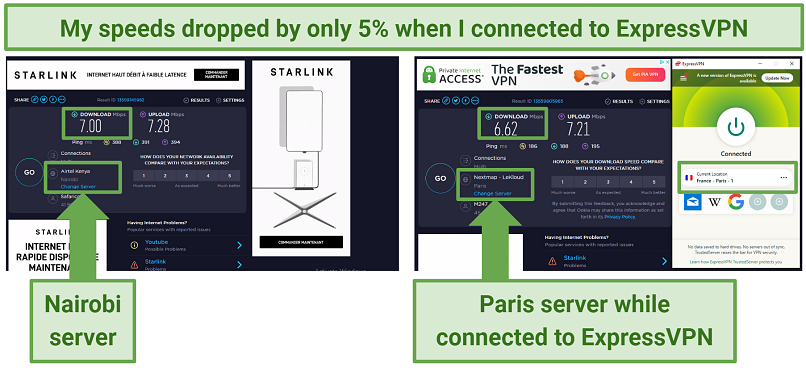 Screenshot showing internet speeds with and without ExpressVPN