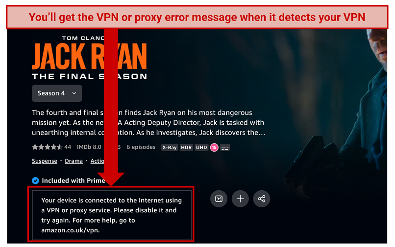 Screenshot of Amazon Prime Video VPN or proxy error message
