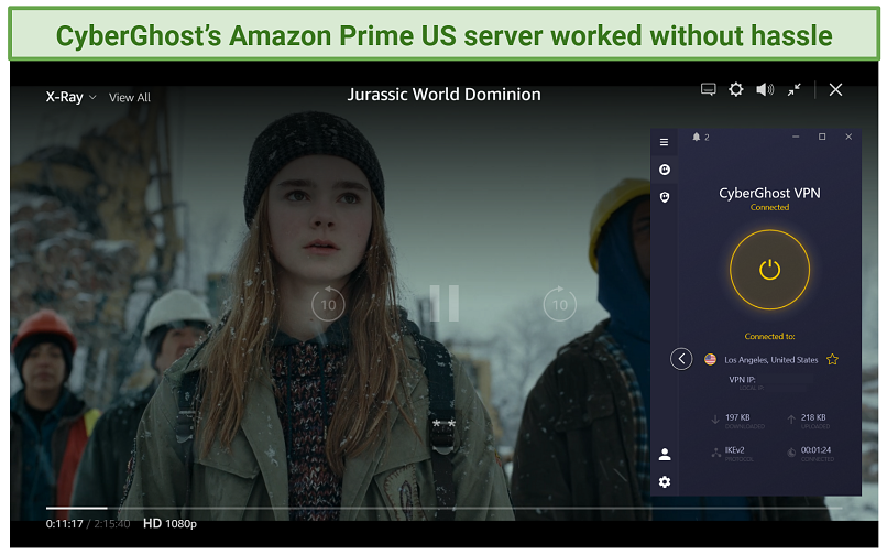 Screenshot of Jurassic World Dominion streaming on Prime Vide US with CyberGhost connected