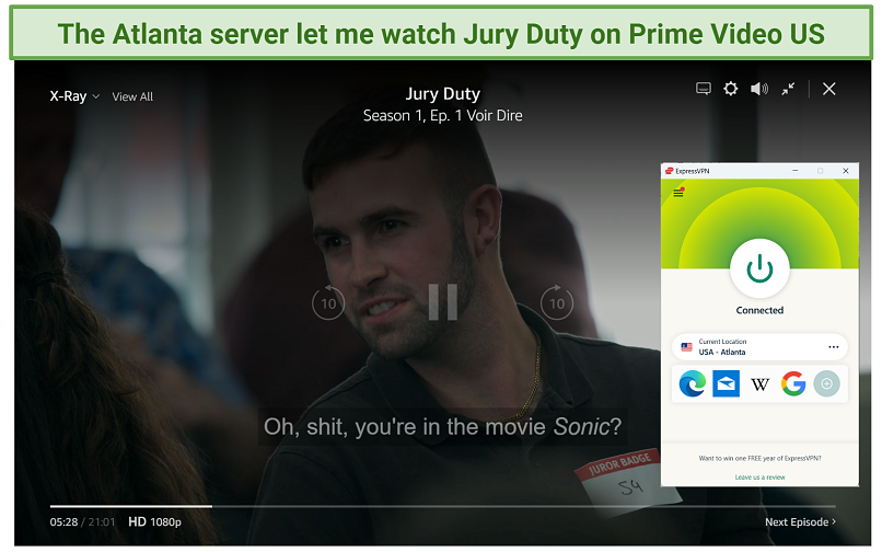 Screenshot of Jury Duty streaming on Prime Video US with ExpressVPN connected