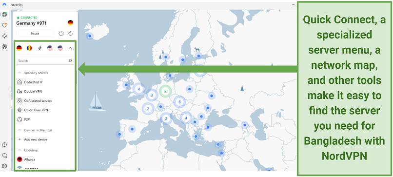 a screenshot of NordVPN's windows app showing various server options while connected to a server in Germany