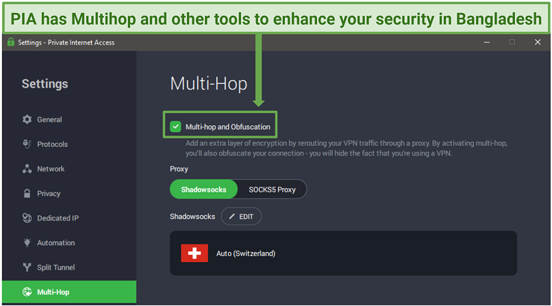 A screenshot showing PIA's Multi-Hop menu on its Windows app