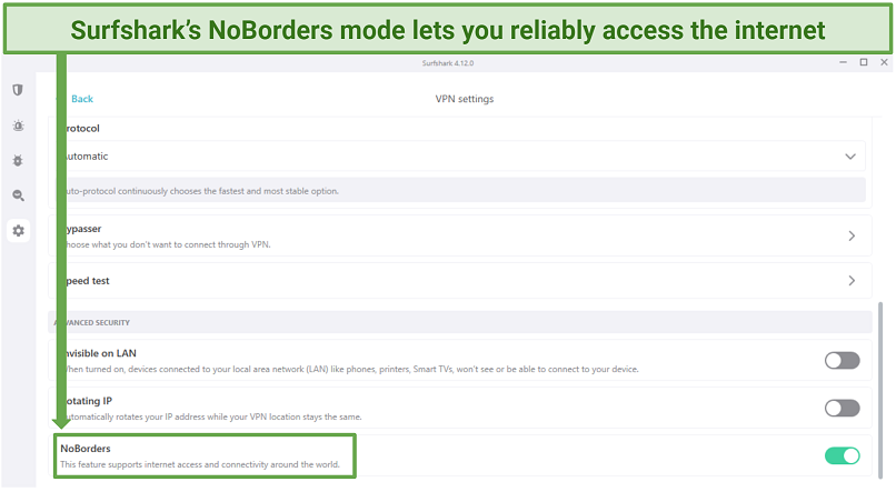 A screenshot showing Surfshark's NoBorders feature enabled in the VPN settings menu on its Windows app
