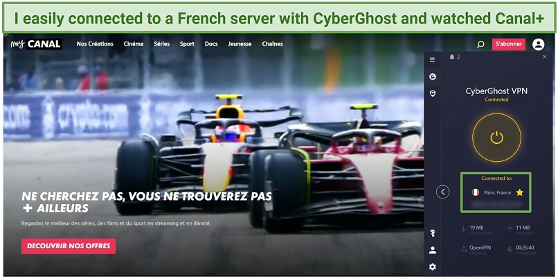 Screenshot showing CyberGhost's interface with Canal+ in the background