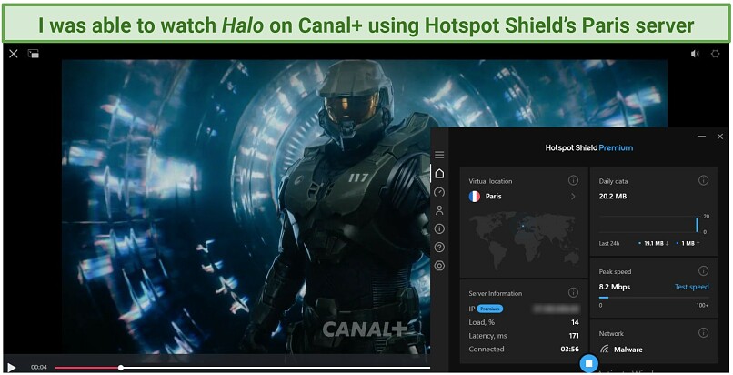 Screenshot showing Halo playing on Canal+ while connected to Hotspot Shield's Paris server