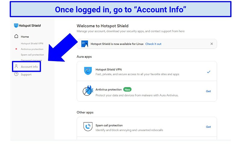 Image showing Hotspot Shield account page