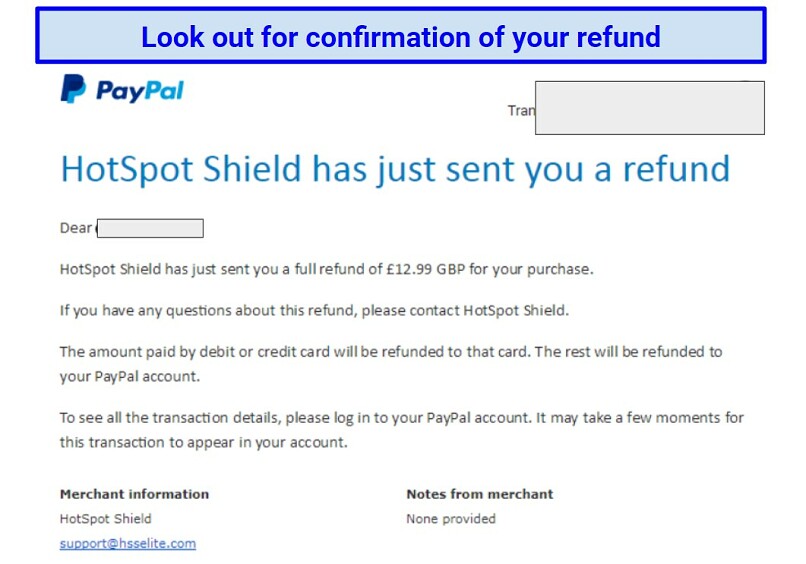 Image showing PayPal refund from Hotspot Shield