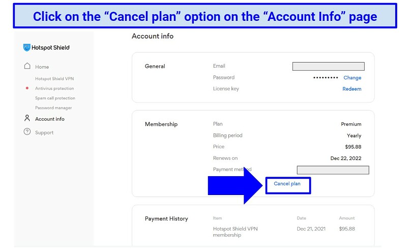 Image showing where to cancel Hotspot Shield plan on account page