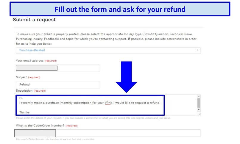 Image showing web form to request a refund