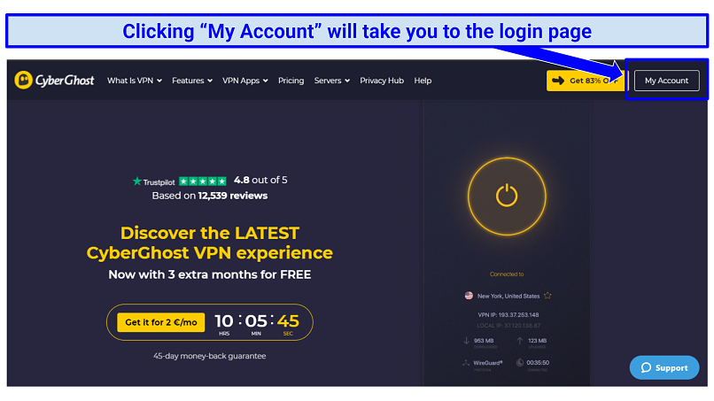 A screenshot of the CyberGhost VPN home page showing where to access the user account