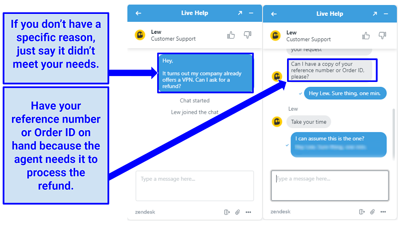 A screenshot of the CyberGhost live chat window where a user is asking for a refund
