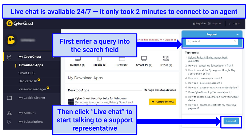 A screenshot of the CyberGhost VPN user interface showing how to activate the live chat