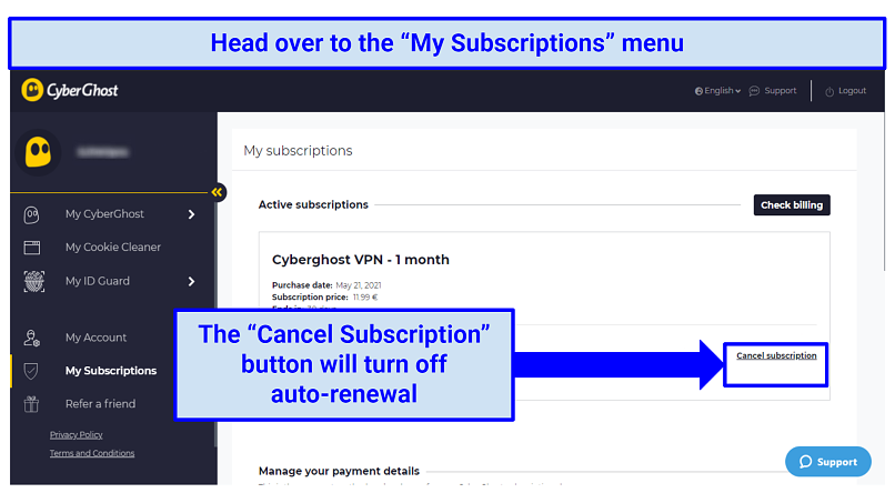 Una captura de pantalla de la interfaz de usuario de Cyberghost VPN que muestra dónde el usuario puede cancelar la suscripción de VPN