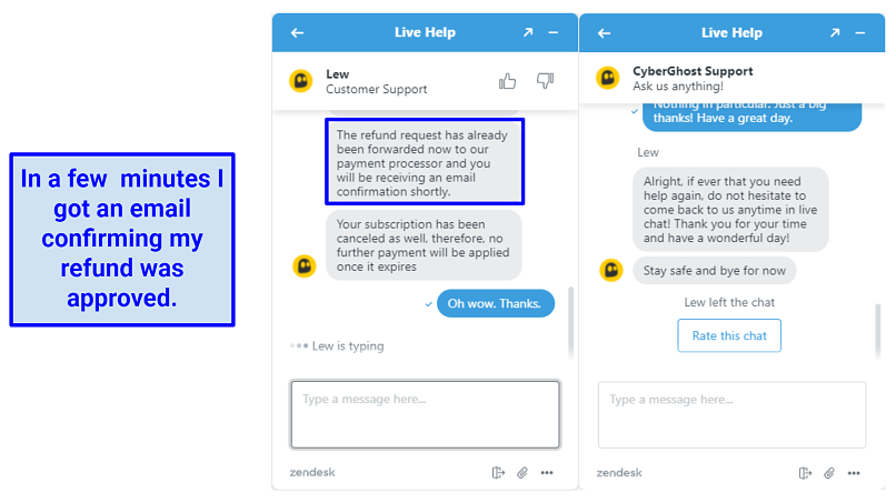 Una captura de pantalla de la ventana de chat en vivo de Cyberghost que muestra un representante de soporte que confirma un reembolso exitoso