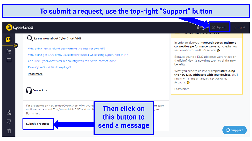 A screenshot of the CyberGhost VPN user interface showing how to submit a VPN service cancelation request