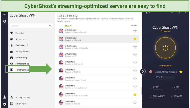 Screenshot of CyberGhost's streaming-optimized servers on Windows app, connected to London, UK server.