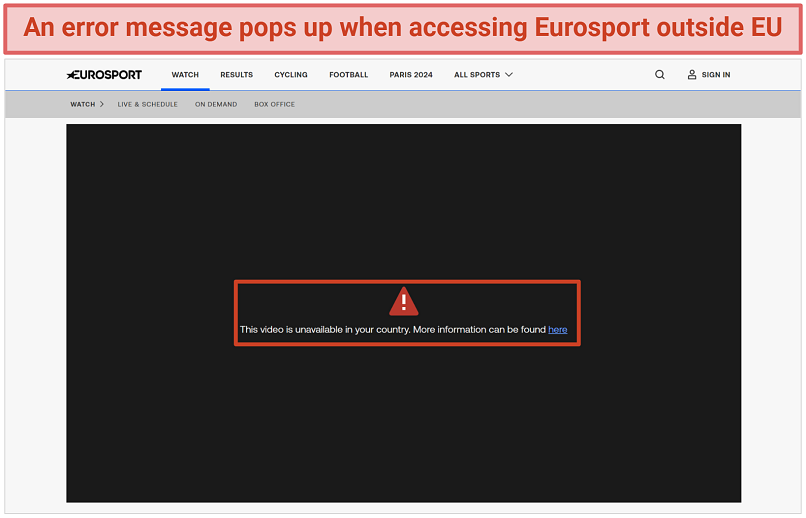 Screenshot of Eurosport geo-blocked