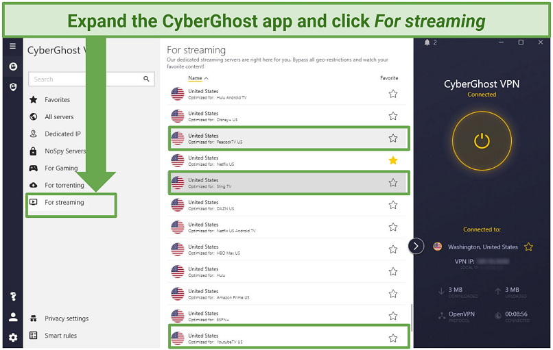 Screenshot of the CyberGhost app showing some of the servers optimized for EPL broadcasting platforms