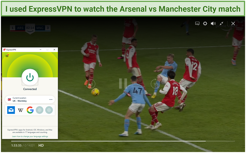 Screenshot showing an Arsenal vs Manchester City match playing on Amazon Prime Video with ExpressVPN connected to the Wembley, UK server