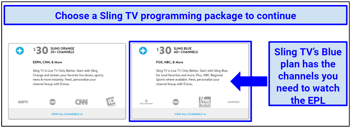 Screenshot showing two different Sling TV subscription options