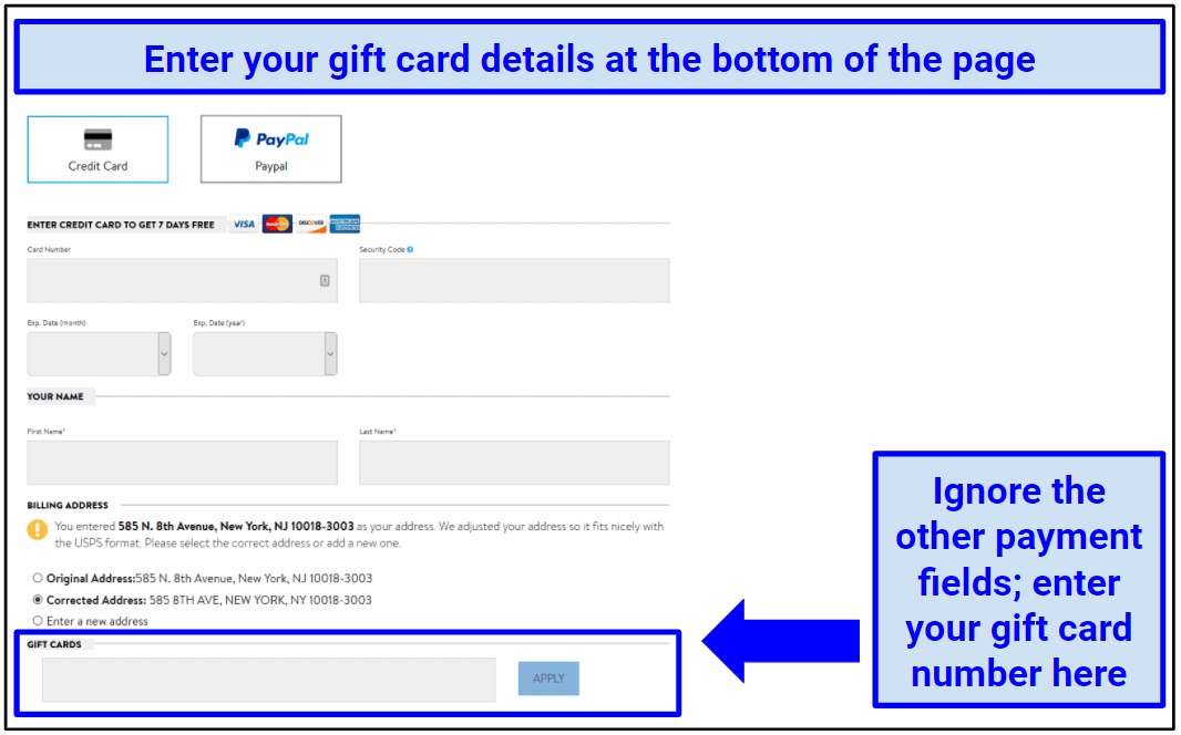 Screenshot indicating where to enter gift card details on the Sling TV payment page