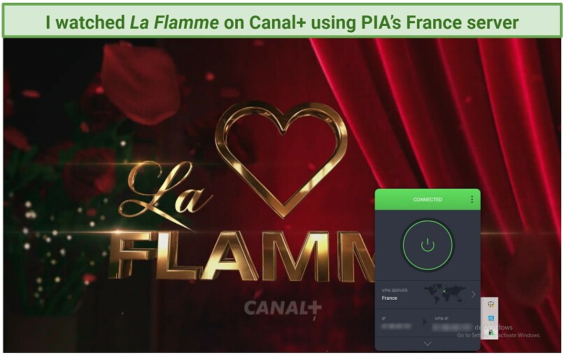 Screenshot showing La Flamme playing on Canal+ while connected to PIA's France server