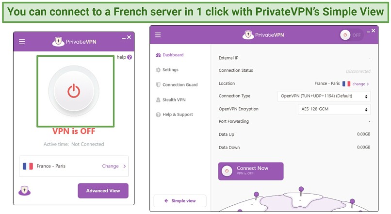 Screenshot showing PrivateVPN's simple mode