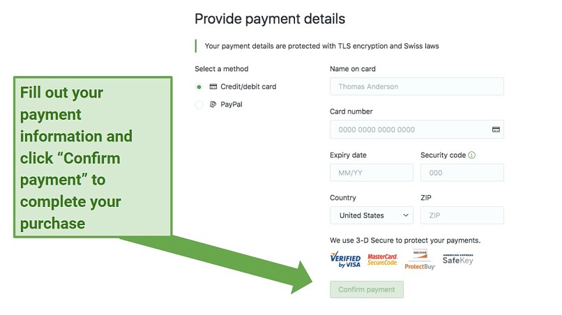 A screenshot showing Proton VPN's payment form