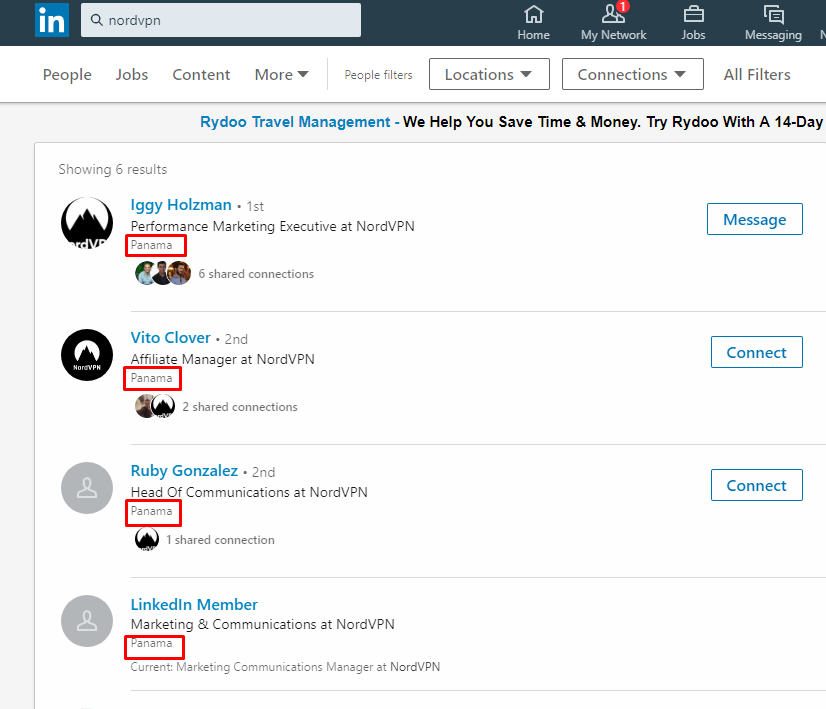Captura de pantalla de LinkedIn de los empleados de NordVPN y su ubicación